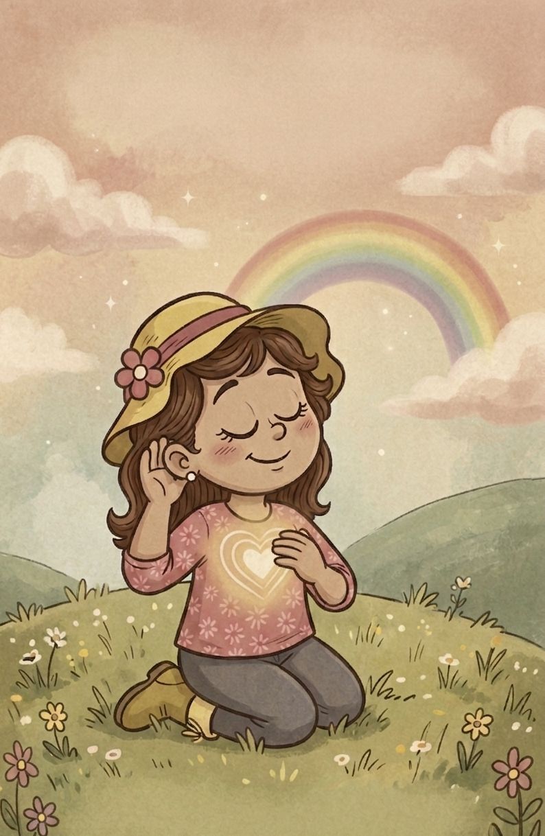 Illustration of Botitas kneeling in a field with a glowing heart, a rainbow in the background.