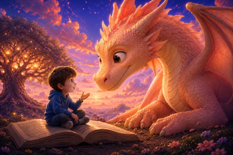 Un dragón amigable acompañando a Ariel